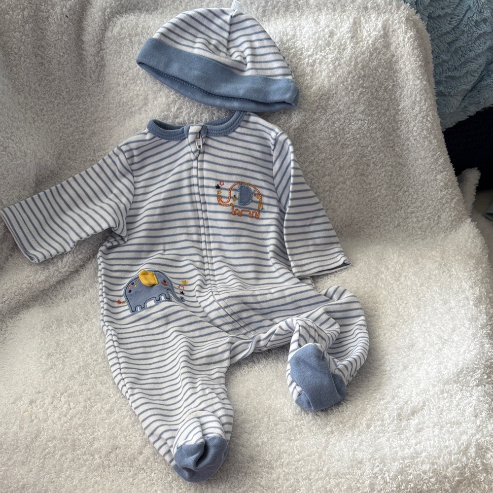 Little Me Blue and White Striped Footie with Hat